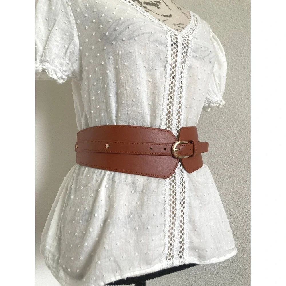 Corset Faux Leather Brown Wide Waist Belt Western Thick Stretch Gold Buckle